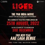 Karan Johar Instagram - THE ACTION, THE THRILL & THE MADNESS - it’s going to be a total knockout! #Liger arrives in theatres worldwide on 25th August, 2022. #LigerOnAug25th2022 Catch the first glimpse on 31st Dec and start your new year with a BANG!💥 @MikeTyson @thedeverakonda @ananyapanday #PuriJagannadh @charmmekaur @apoorva1972 @ronitboseroy @meramyakrishnan @vish_666 @dharmamovies @puriconnects