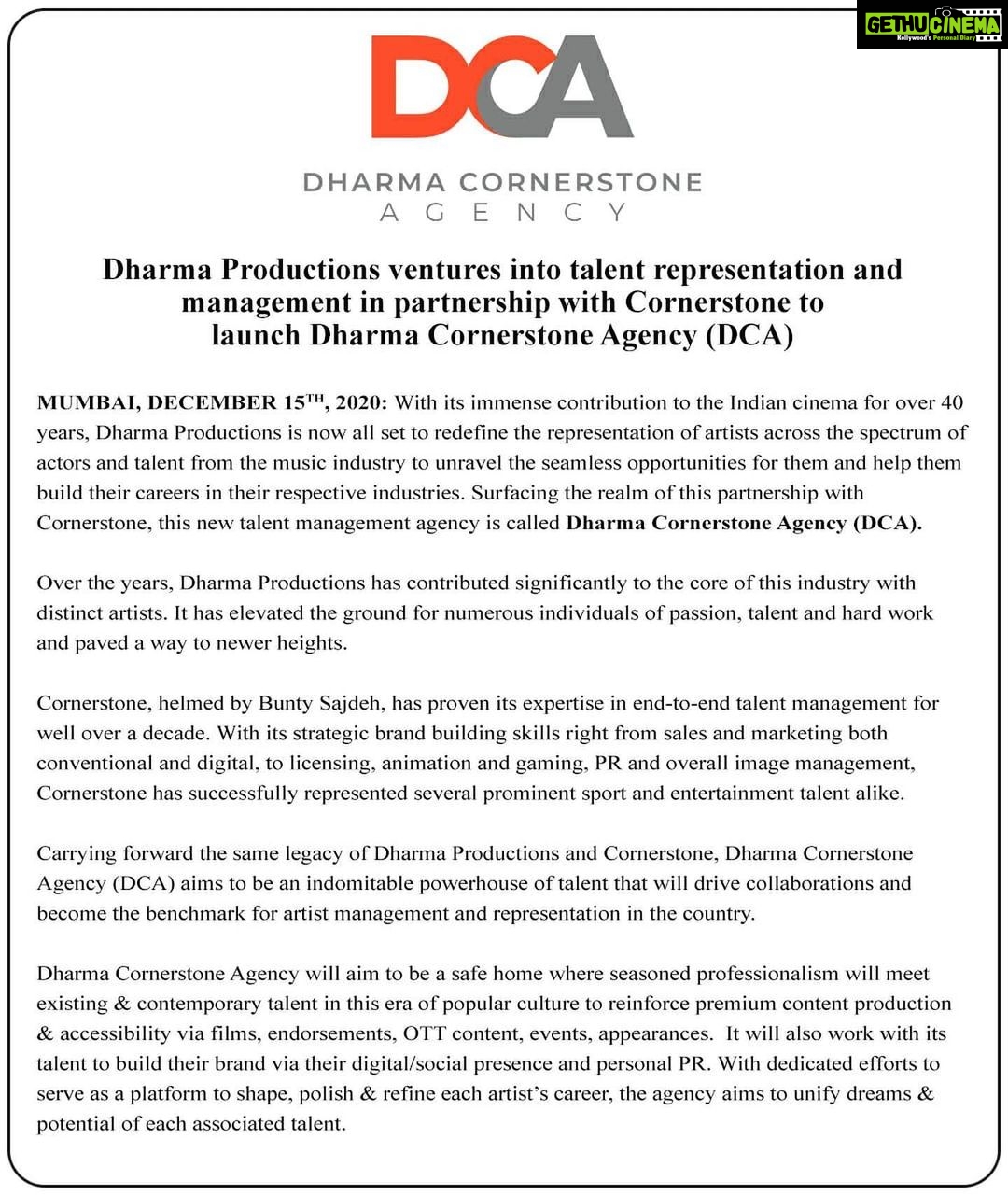 Karan Johar Instagram - Super delighted to announce our newest venture, a talent management agency, Dharma Cornerstone Agency (DCA). We at @DharmaMovies have always thrived for the best and DCA will also serve as a platform to nurture the best, and become an indomitable powerhouse of talent! @apoorva1972 @buntysajdeh