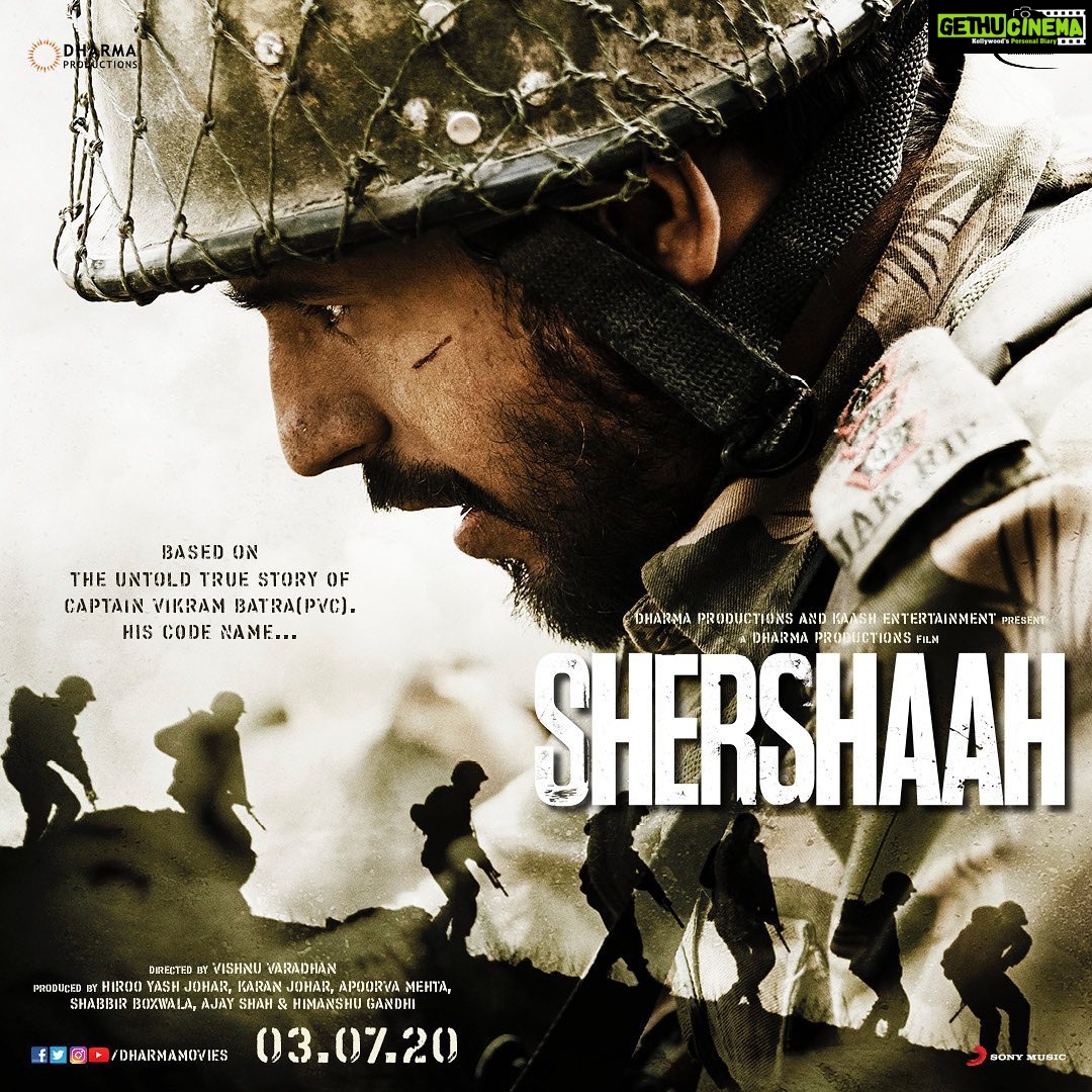 Karan Johar Instagram - We bow our heads in respect & pay an ode to the brave journey of the Kargil War hero through our film. Presenting @sidmalhotra in the UNTOLD TRUE STORY of Captain Vikram Batra (PVC) - #Shershaah. Releasing 3rd July, 2020. @kiaraaliaadvani #VishnuVaradhan @apoorva1972 @shabbirboxwalaofficial @ajay1059 @harrygandhi @somenmishra @dharmamovies @kaashen
