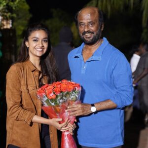 Keerthy Suresh Instagram - Celebrating one dream with another ❤🧿 Thank you @rajinikanth sir 🙏🏻