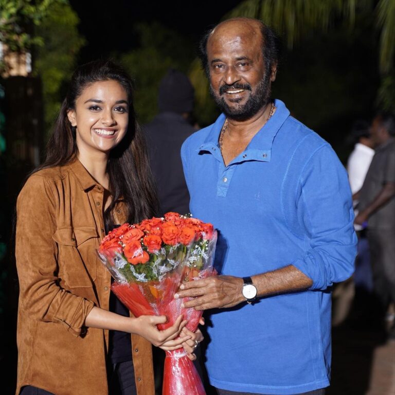 Keerthy Suresh Instagram - Celebrating one dream with another ❤🧿 Thank you @rajinikanth sir 🙏🏻