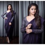 Keerthy Suresh Instagram – Bling adds to a classy saree!
#silvernwine #lovethecombo 
@shravyavarma @kiransaphotography