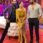 Kiara Advani Instagram – Sandwiched between the two Good looking Yaaris😎 Thankyou @ranadaggubati for having me on your show with your #No1Yaari #RamCharan and my #No1Hero2019 for the Season Finale 💥 We had a blast! #VVR #VinayaVidheyaRama Ramanaidu Studios