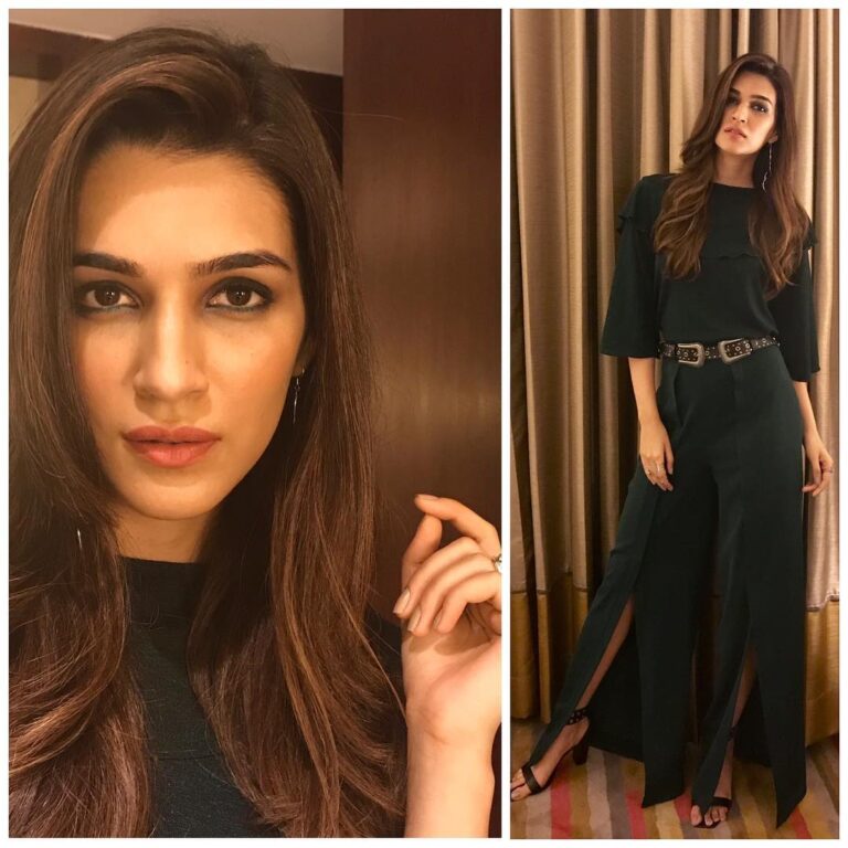 Kriti Sanon Instagram - Last evening in Ahmedabad in this forest green outfit by @lolabysumanb 💚💚 Styled by @sukritigrover Makeup by @adrianjacobsofficial Hair by @aasifahmedofficial Chaos management: @ayeshoe 😂