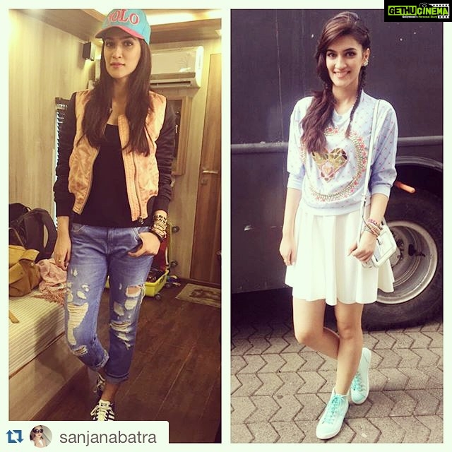 Kriti Sanon Instagram - #Repost @sanjanabatra with @repostapp. ・・・ @kritisanon for her new music video 'Chal Wahan Jaate Hai' Look 1: @koovsfashion bomber, @zara jeans, @Adidasoriginals & @forever21 bracelets Look 2: @papadontpreachbyshubhika sweatshirt, @accessorizeindia bag & jewellery ,@bata.india sneakers #styling #stylefile #kritisanon