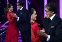 Kriti Sanon Instagram - And my day was made!! ❤️❤️ Couldn’t have asked for a better dance partner 🥰 @amitabhbachchan 🙌🏻 P.S. From watching KBC as a kid to coming on the show and dancing with the man himself— can I take a moment to soak this journey in! 😌😍🌸