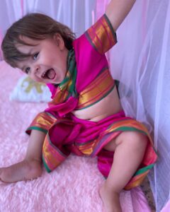 Lisa Ray Instagram - Yesterday on the first day of Navratri we dressed up in our finery and invoked Durga’s blessings by learning a powerful mantra: Mahishasura Mardini Stotam. My girls are my solace, and the root and ground of my universe. Tat tvam asi: I see the other in myself and myself in others. We make up our own rituals and secret language. They widen my compassion and my senses during this turbulent time. Thank you @deepikamehtayoga for sharing this powerful Goddess mantra that resonates in the deepest chambers of my heart, giving birth to NavDurga and all the divine beings inside of us all 🙏🏼 And....I mean how fun is it to just play dress up ❤️