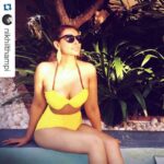 Lisa Ray Instagram – Beating the heat in @nikhilthampi yellow bikini set and @suhanipittie leaf earrings for @thelabellife Waterstones Hotel