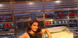 Lisa Ray Instagram - Posing on set with a clear container of wet noodles, of course! Why do you ask? #topchefcanada
