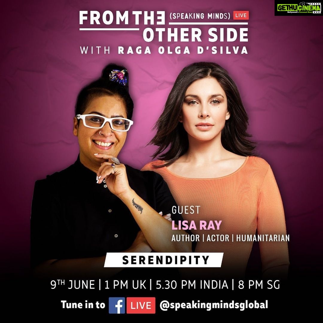 Lisa Ray Instagram - Updated timing Repost @totallyoutnow SERENDIPITY WITH Lisa Ray - A session that I have been really looking forward to. The conversations we have are so engaging, full of surprises, insights ...with so much to share and learn from. Cross-cultural phenomenon, Lisa is an internationally acclaimed performer, author, columnist, television personality and public speaker with a reputation for taking on challenging issue-oriented films. Raised in Canada by an Indian father and Polish mother, Ray was discovered while on vacation in India at the age of 16 and went on to become not only one of the most successful and memorable cover models in India but also an acclaimed, award-winning actress who starred in Canada’s Oscar nominated film, #Water, amongst other prestigious credits like ‘The World Unseen’, ‘Bollywood/Hollywood’ and ‘Kasoor’ in hindi cinema. After Ray was diagnosed with Multiple Myeloma in mid 2009 her forthright, courageous and humorous approach to navigating her experiences with this incurable blood cancer which she chronicled in her blog, ‘The Yellow Diaries’ have earned her international respect. Her best selling writing debut, Close to the Bone, a frank and intimate memoir exploring the geography of healing, has been highly acclaimed. SERENDIPITY: A word that sums up Lisa's life .!!Or does it? Let's find out, together!! Join us, on Tuesday, 9th June 5:30 pm India | 1 pm UK | 8 pm SG Speaking Minds FB LIVE!!!!