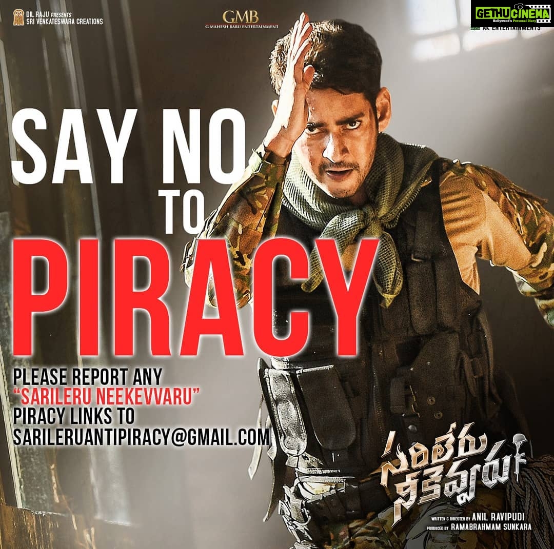 Mahesh Babu Instagram - SAY NO TO PIRACY!! Report #SarileruNeekevvaru piracy links to sarileruantipiracy@gmail.com
