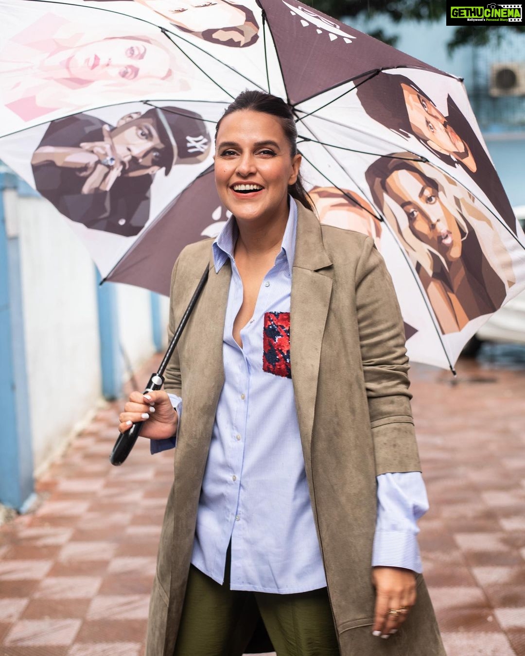 Neha Dhupia Instagram - #happiness is working on #nofilternehaseason4 in the rains and being dressed in your friends label... #ootd @mxsworld @shwetabachchan @monishajaising styled by @gumanistylists #muah @elishab_mua hair #Esther 📸 @thememoryalbum_ 🌟🔥produced by @wearebiggirl and @jiosaavn #styledwithgumani