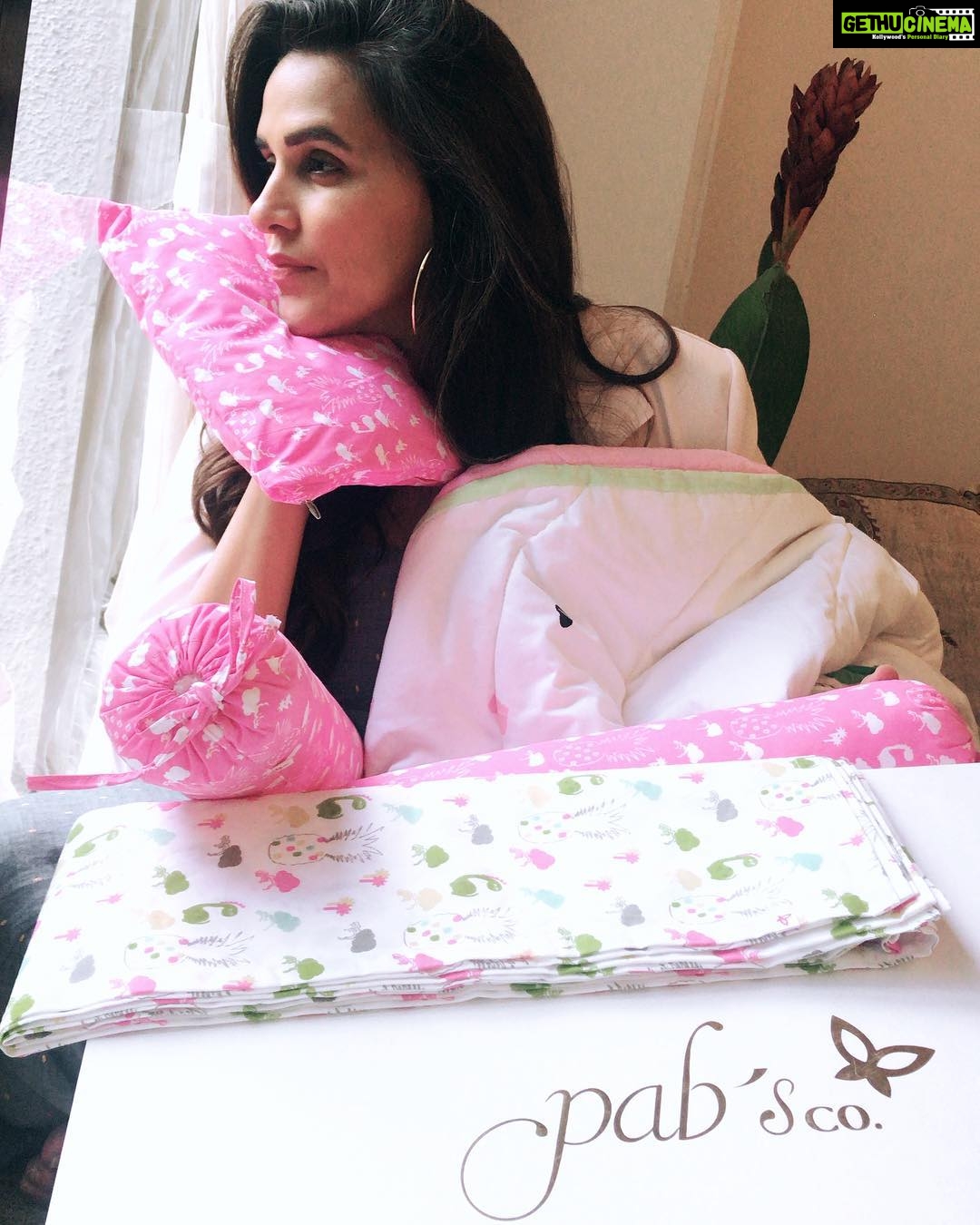 Neha Dhupia Instagram - Bedding so comfortable for babies that i feel like diving into it too ... thank you @pabsco for these gorgeous pieces ... 💕💕💕💕