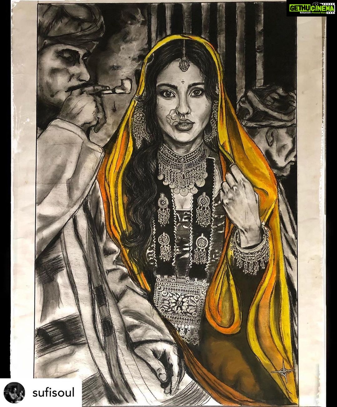 Neha Sharma Instagram - Thank you for this beautiful piece of art ππ»ππ»β€οΈβ€οΈPosted @withrepost β’ @sufisoul * 24βx34β CHARCOAL/PASTEL/SILVER PEN β> Swipe for Process series. ββββββββ Worked off a photograph that some of you might have seen. Itβs a wonderful wonderful image of a beauteous woman (whose permission I acquired before sketching this. Original photograph by @arjunkamath87 I hope he isnβt offended because I adore his work.) - To be clear, this is not for commercial purposes. I sketched this for joy. Because I wanted to. Just to see if I could. And Iβm damn proud of it too. Also depending on the light the jewelry gleams. Canβt tell on first image but in the video watch for it at the end it that kind of thing tickles you like it tickles me. - Traffic stopping, meeting canceling, mad monsoon week well-spent. - #sufisoulartistry #CharcoalSketch #artTherapy #ForTheLoveOfIt #MultiTillTheSunDie.