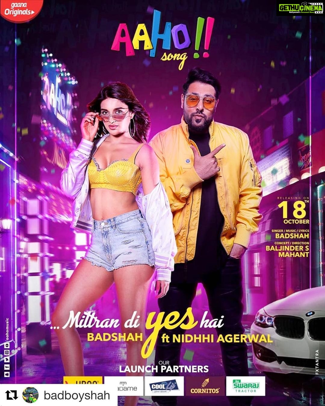 Nidhhi Agerwal Instagram - 🌟🤙🏼 #Repost @badboyshah with @get_repost ・・・ Here we present the First look of The AAHO SONG by one and only @badboyshah ft. @nidhhiagerwal Directed by @baljindermahant Full Song Releasing on 18th October #MittranDiYesHai #music #genre #song #songs #melody #hiphop #love #rap #party #partymusic #newsong #lovethissong #favoritesong #bestsong #tiktok #aahomusic #aaho