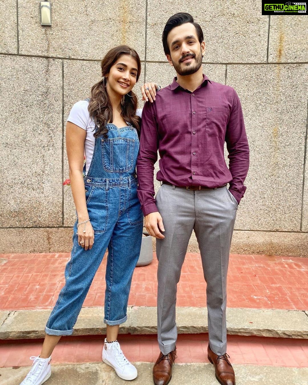 Pooja Hegde Instagram - The only two people on set not social distancing in an attempt to shoot a romantic-comedy in corona times👫🏻 #shoottime #allprecautionstaken #Repost @akkineniakhil ・・・ What a feeling to get back to work finally ! Life moves on and it feels great. Ps: I promise we are the only ones without a mask on otherwise you wouldn’t recognise us in the film 🤗 #MostEligibleBachelor @hegdepooja