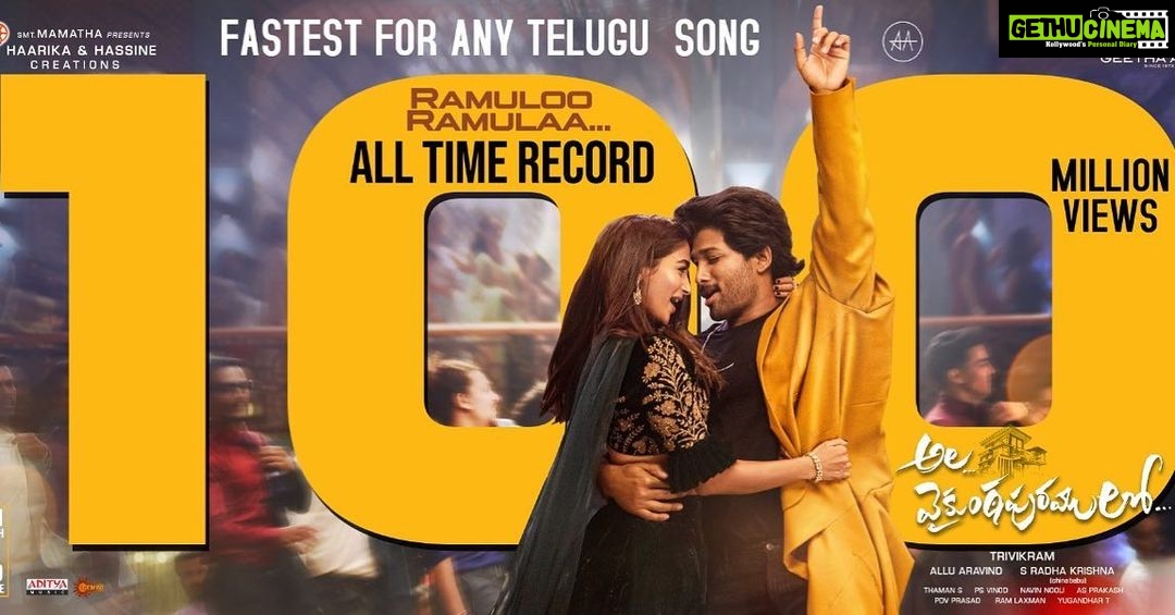 Pooja Hegde Instagram - Back to Back 100 Million views! Two songs from #AlaVaikunthapurramuloo have crossed more than 100M & we can't thank you enough for all the love, you showered on us ❤️❤️❤️#RamulooRamulaa100MViews 🕺🤟😍 #AlaVaikunthapurramuloo