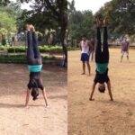 Pooja Hegde Instagram - A year back I managed to do a handstand..as is evident by the grass/mud stains on me,I fell a lot😳😳😂💪🏼 @nupur_popeye we HAVE to do this again #handstand #FitwithAnAppetite #gettingthere
