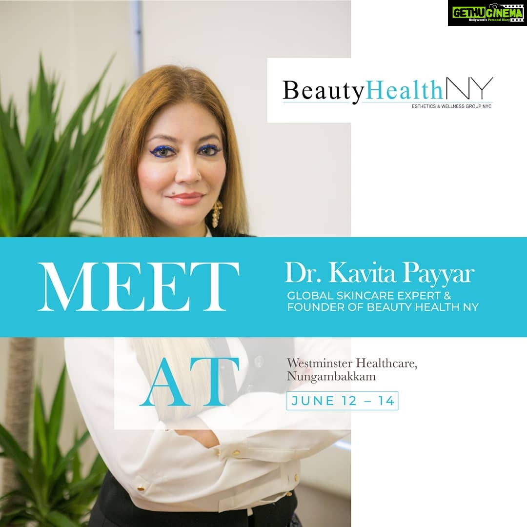 Pooja Kumar Instagram - Hello, #Chennai! Meet Dr. Kavita Payyar, the founder of Beauty Health NY, at Westminster Health Care on June 12 – 14, for personalised skincare appointments! A Licensed NY Certified Clinical Aesthetician/Certified Educator in the field of advance clinical aesthetics and lasers, Dr. Kavita aids each client with a customised holistic approach for the best results! Book an appointment today via WhatsApp at 917-957-0735. #beautyhealthny #beautyblogger #beauty #chennai #chennaibloggers #health #skin #skincare #skincareroutine #skincaretips #westminster #nungambakkam #aesthetics #clinical #beautyclinic