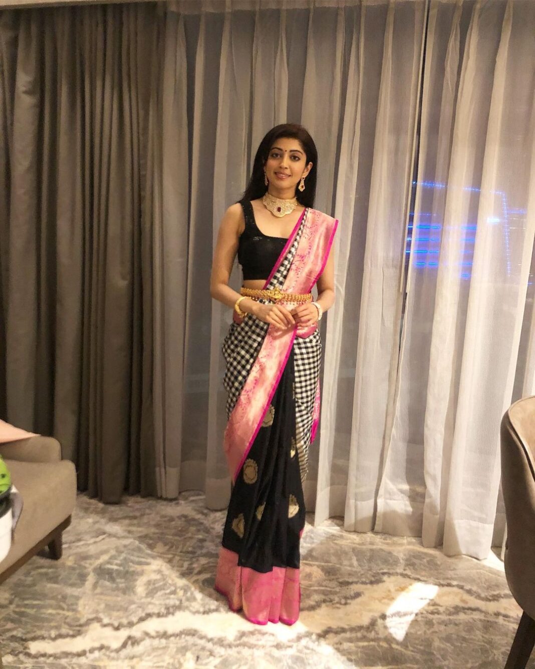 Pranitha Subhash Instagram - Here’s how I Styled my Moms Sari for a friend’s wedding recently .. what do u guys think ?? #sarinotsorry #kanjivaram #silksari