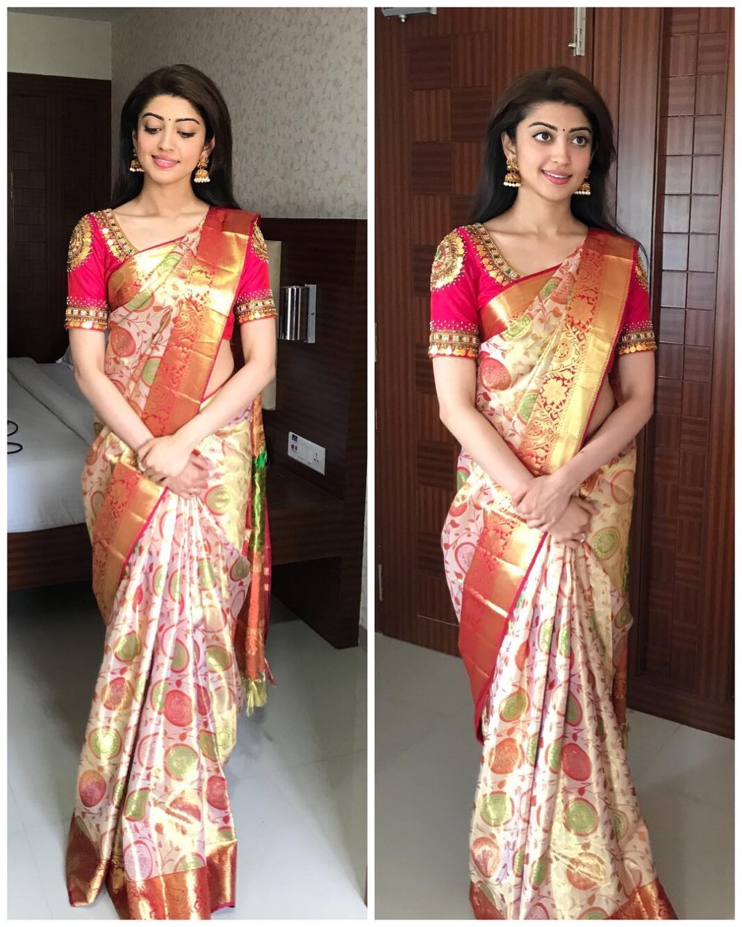 Pranitha Subhash Instagram - It's truly amazing how just a piece of cloth can transform into this when draped .. #SareeLove ..