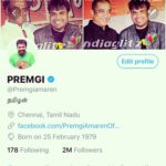Premgi Amaren Instagram - 2 million followers in twitter ✌️ Thanks to all 🙏