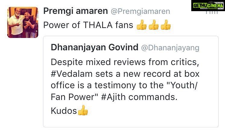 Premgi Amaren Instagram - Power of THALA fans 👍👍👍