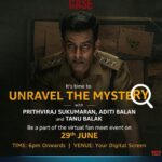 Prithviraj Sukumaran Instagram - It's time to meet us and get one step closer to solving the mystery🔍 Register now for the exclusive fan meet event: link in bio Watch #ColdCaseOnPrime June 30, @primevideoin. @officialaditibalan @lakshmipriyaachandramouli @suchipillai @athmiyainsta @Gibin_Gopinath @poojamohanraj @IamAntoJoseph @antojosephfilmcompany @balaktanu @sreenathvnath @planjstudios #JomonTJohn @shameer_muhammed