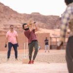 Prithviraj Sukumaran Instagram - When you pre meditate a pull shot thinking you’re Rohit Sharma but get caught at short mid wicket instead 🤪 #Aadujeevitham #WadiRum #Cricket @rohitsharma45