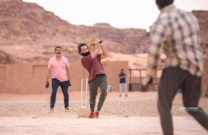 Prithviraj Sukumaran Instagram - When you pre meditate a pull shot thinking you’re Rohit Sharma but get caught at short mid wicket instead 🤪 #Aadujeevitham #WadiRum #Cricket @rohitsharma45