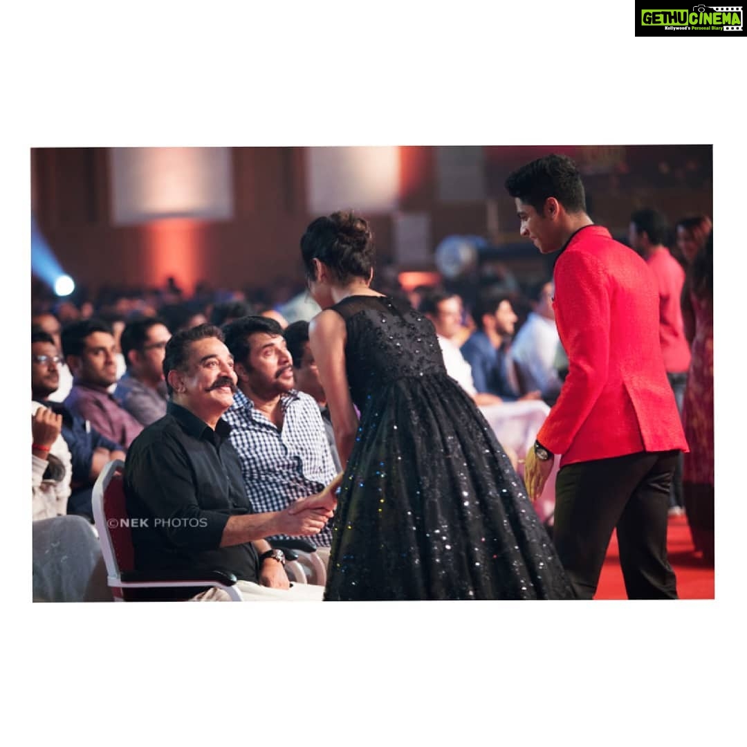 Priya Varrier Instagram - With 'Ulakanayakan' @ikamalhaasan sir, 'Megastar' @mammootty (our own mammookka) And my all time favourite @dqsalmaan (kunjikka). It was a dream come true moment for me to share a stage with these amazing actors. Hope to see you soon laletta @actormohanlalofficial .Your presence would have made it complete for me.š¤ šø @nek_photos