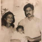 Priyanka Chopra Instagram - Major throwback. Mommy daddy and baby me.. I’d never seen this picture until now. The sketch behind us was made by my dad. Besides being a surgeon he was an extremely creative man. Digging the ‘stache dad! @madhumalati