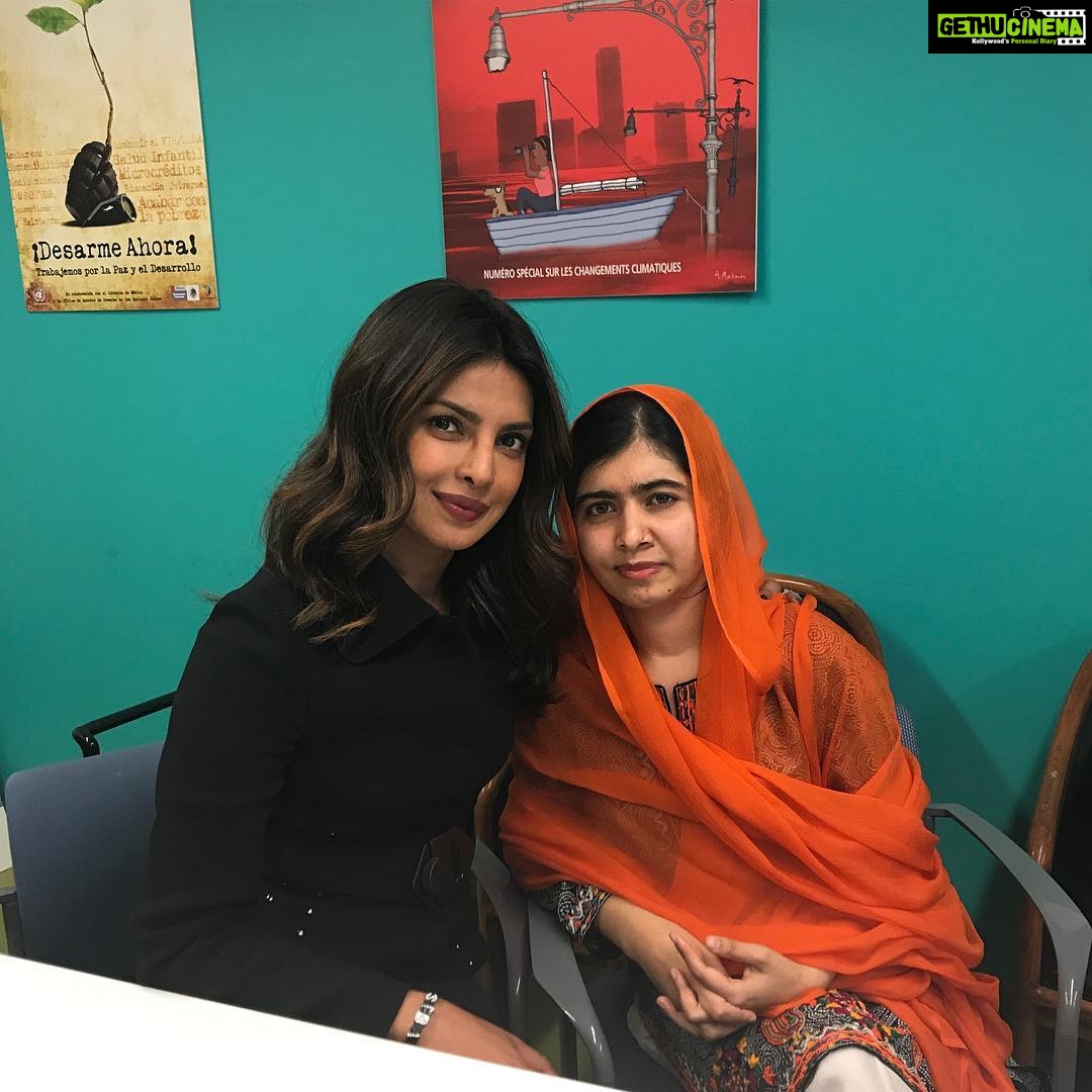 Priyanka Chopra Instagram - I could write a novel about how smart, incredible, inspiring, encouraging and funny this young woman is...but I will keep it brief. Malala, you are an undeniable force to be reckoned with. The world knows that. You are a role model to all the girls and boys that want to make this world a better place for the future. Spending a few hours with you and your incredible father Mr. Yousafzai ( who reminds me so much of my father) , I realized you're also just a young girl with young dreams. Your jokes, Your love for Hindi Films, your infectious laughter will always remind me of what a huge responsibility you have taken on at such a tender age.. I'm so proud to know you my friend. You inspire women like me all over the world. Can't wait to speak to u in our secret Hindi/Urdu again. ❤️ United Nations