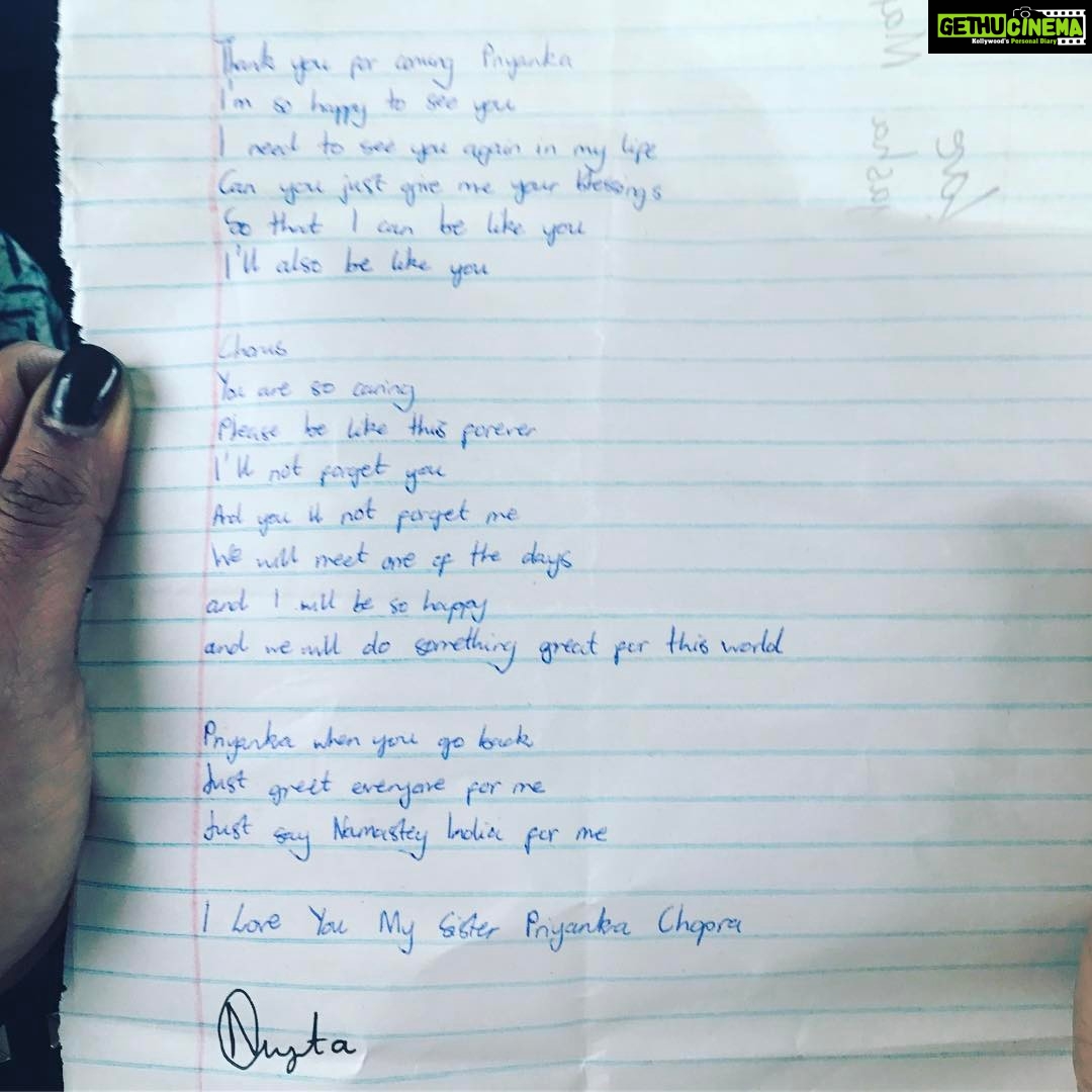 Priyanka Chopra Instagram - Last post for the night! This special girl Nyasha wrote me a song. She had the voice of an angel. Sang it for me too. Raped as a tender Pre teen by her grandfather has dreams of being doctor and an actress. With tears in her eyes and a smile on her lips she sang me her song and said pls don't forget me. I will not forget u Nyasha. Thank u for showing me that resilience will get u through anything.. u r my inspiration. I asked for her autograph so that when she fulfills her dream I can say I know her..she obliged me #NamasteIndia #EndViolence #unicef #thistimeforafrica ... Until tomorrow... stay with me on this journey. Show the world that children all around the world need our attention.