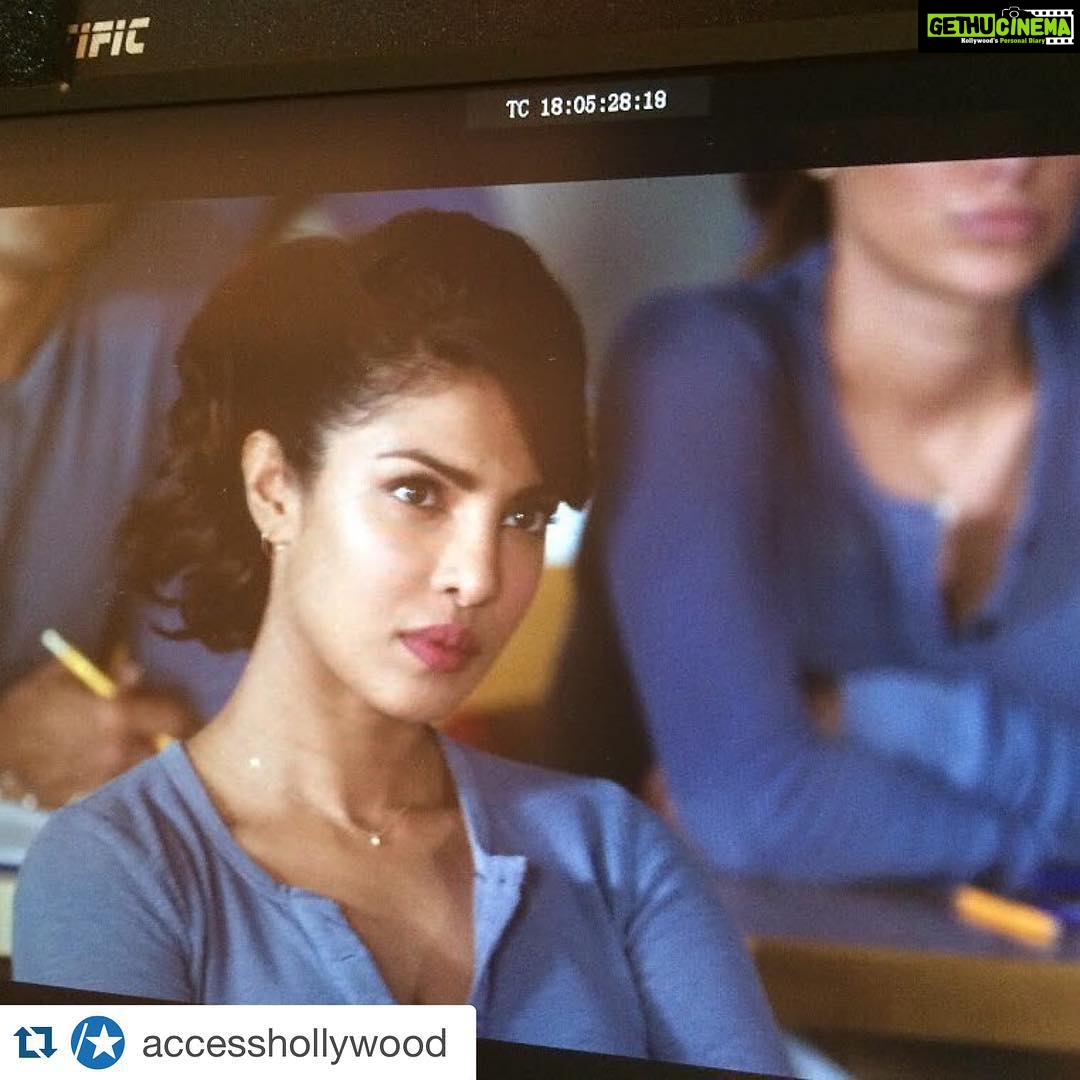 Priyanka Chopra Instagram - I got my serious face on! #QuanticoTakeover @accesshollywood with @repostapp. ・・・ The toughest ‘Classroom’ I’ve ever been in! Being in here always means having the whole team together so that makes it extra fun! #Quantico #BehindTheScenes #QuanticoTakeover -@PriyankaChopra