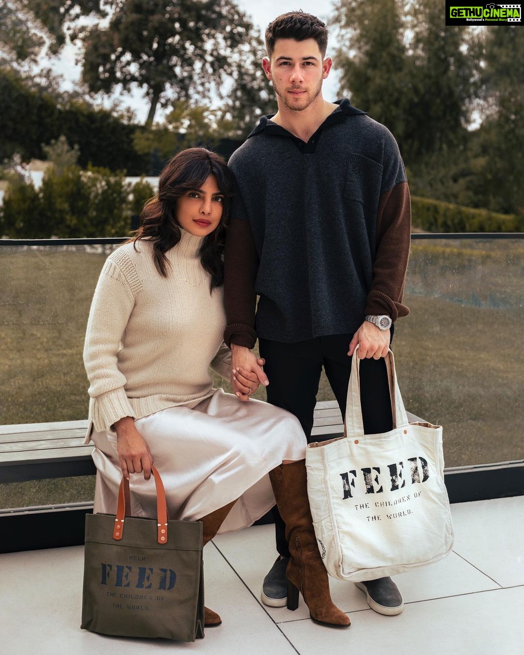 Priyanka Chopra Instagram - @nickjonas and I are so honoured to be part of the ‘Feed’ holiday campaign this year. Our friend Lauren Bush Lauren’s incredible brand Feed raises awareness and money for hunger and food insecurity. With every purchase, Feed helps provide school meals to kids in need around the world. Their goal this year is to provide at least 300,000 school meals through this holiday campaign and it's amazing to see that they're already at the half way mark. You can make your gifts count this holiday season and help them reach their goal. They've got bags, jewelry, skincare products, artisan wares etc. @feed @laurenblauren @nickjonas 📸: @divya_jyoti