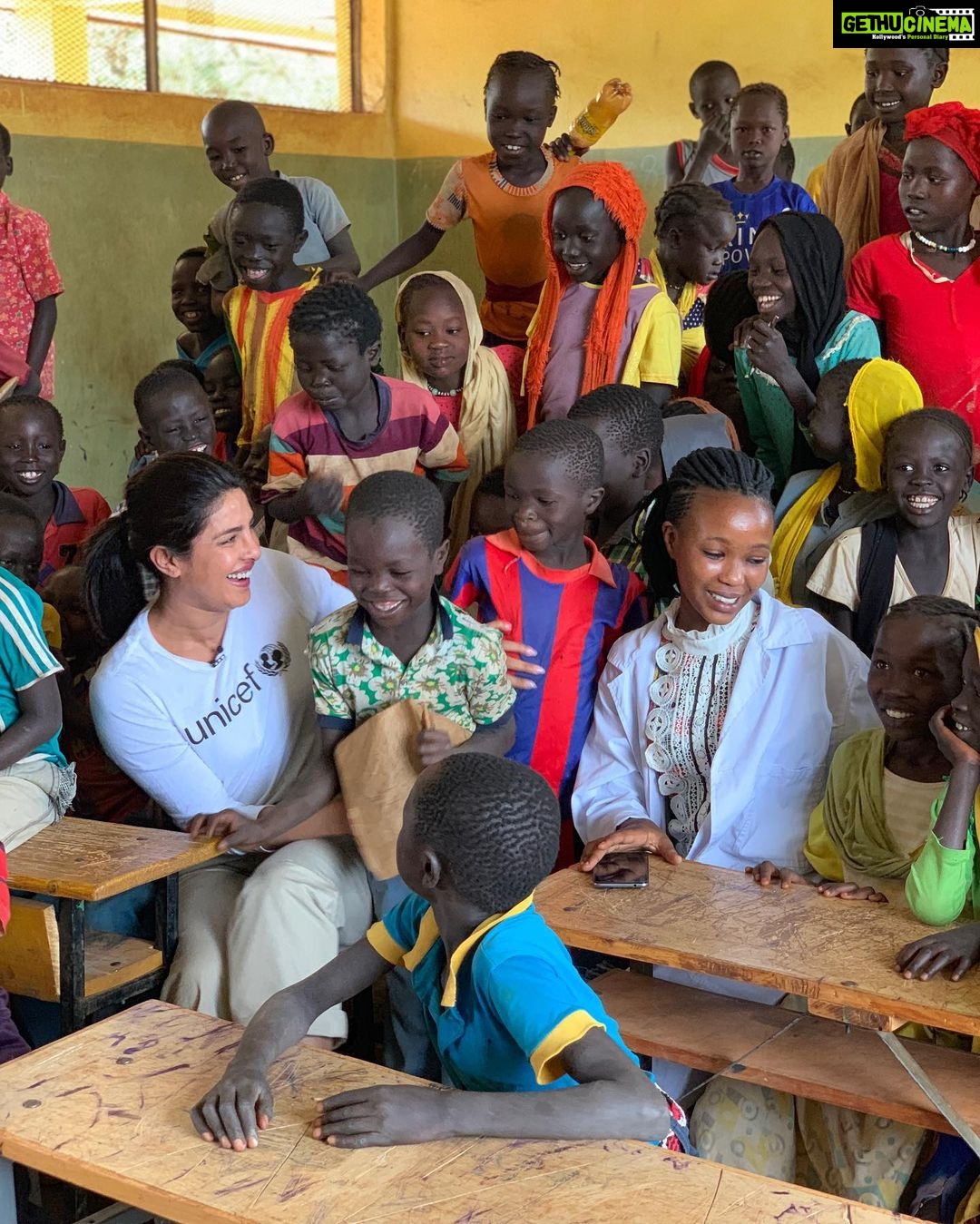 Priyanka Chopra Instagram - At the Bambasi Refugee Camp Primary School there is a shortage of trained teachers, with one teacher for every 89 students. This second grade class is taught by Hubahiro, she is a refugee child who is an 8th grade student at the school...she teaches grades 1-4 in the morning, and in the afternoon attends school to continue her education. Like her mother, who is also a refugee and teacher at the school, she earns a small stipend. When I first met the kids they were extremely introverted and timid. It took a lot of tickles and cuddles to get them to interact with me. Thank you Hubahiro for translating and helping the kids understand that I was a friend. @unicef @unicefethiopia #childrenuprooted Benishangul-Gumuz Region