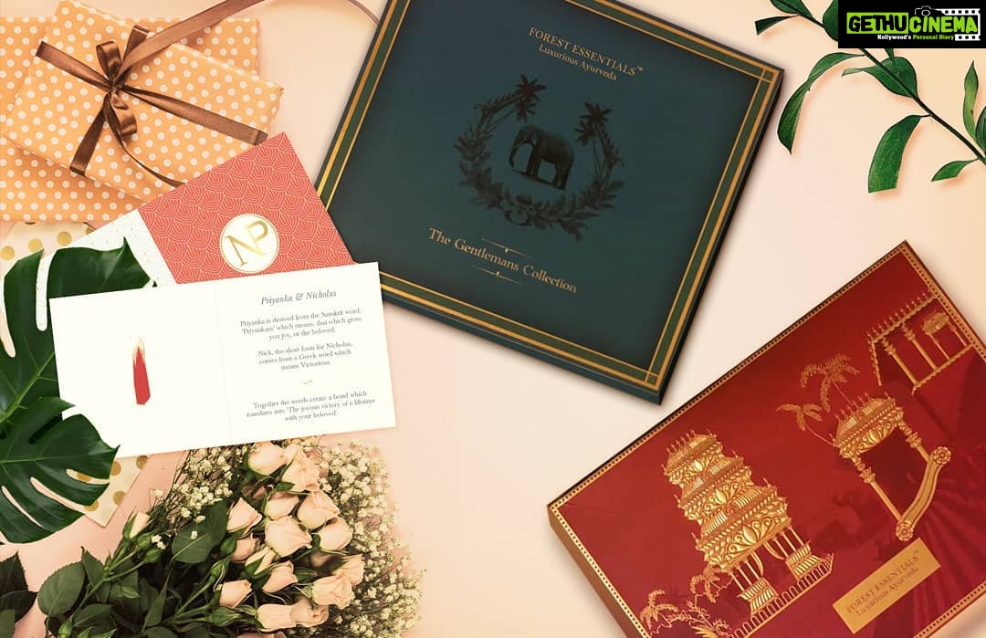 Priyanka Chopra Instagram - It’s always the little #details that make the big picture so unique. This, for us, was the collaborative effort of everyone who believed in these details to make our wedding so special. Thank you @forestessentials for creating these amazing, personalised luxury Ayurveda sets for our family and friends. #FEBride #FEWeddings #GiftAnExperience #LuxuriousAyurveda #LuxuryOfPurity #ForestEssentials