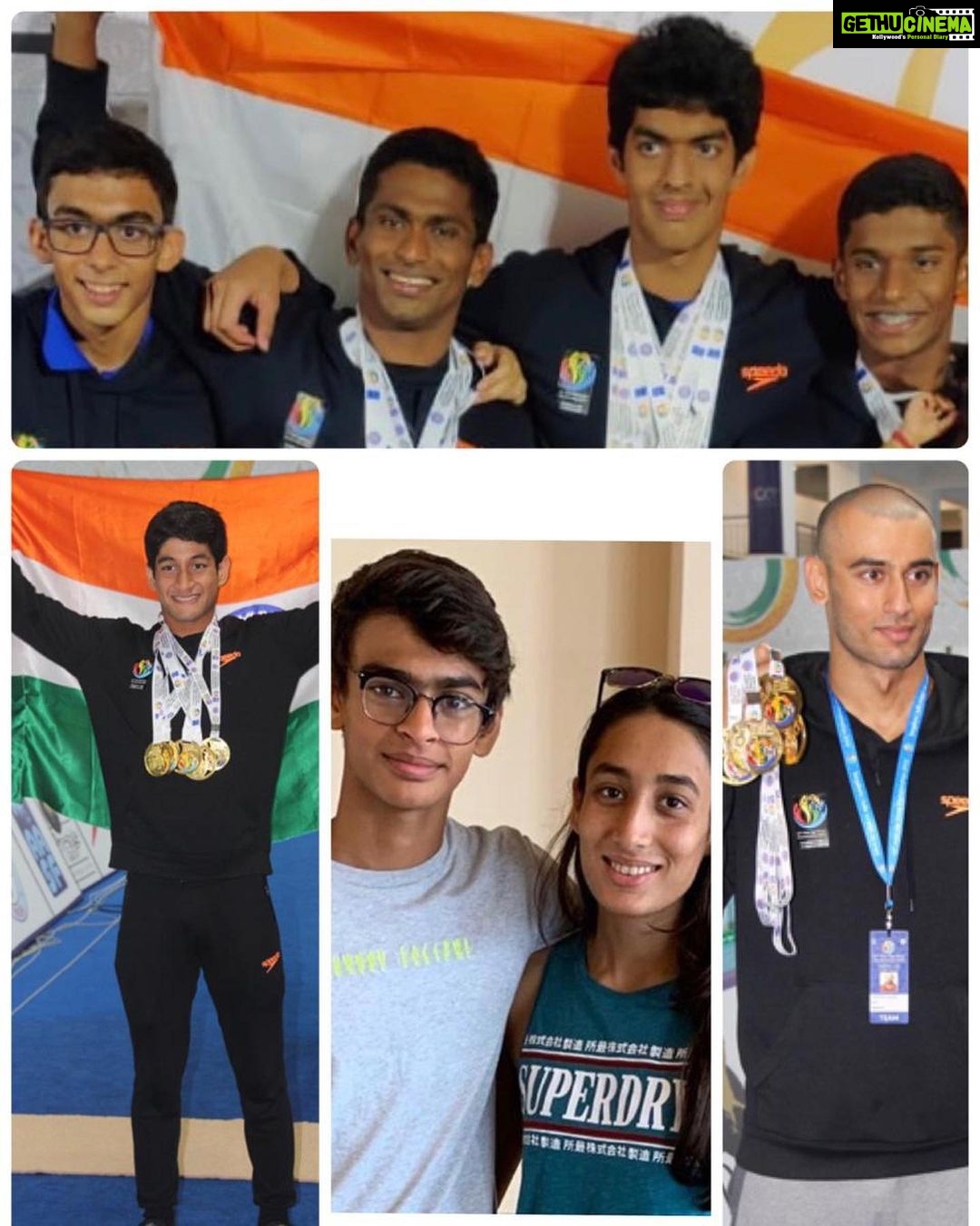 R. Madhavan Instagram - Congratulations team India for Rocking it at the 10th Asian Age Swim meet— Phenomenal swimmers and individual Medal winners— swimmers like Kushagra Rawat , Sajan Prakash , Sri Hari Natraj, Mana patel Vir Dhawal Khade and many many more ..Exceptionally performance and Vedaant happy to have contributed in his own small way. Kushagra also got the best swimmer male title in age group A. Vedaant, Mana & Kushagra swim at Glenmark Aquatic Foundation. @_kushagrarawat_ @virdhawal @sajanprakash @srihari33 @maana.patel