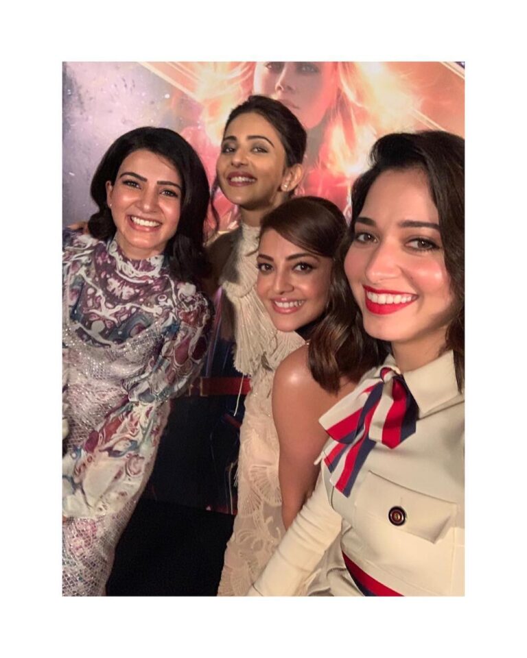 Rakul Preet Singh Instagram - So much fun with all these lovely superhero women ... #girlpower #celebrating being a woman !! Love you all and @kajalaggarwalofficial you should officially endorse marvel 😂😘 @samantharuthprabhuoffl background ok ?? 😝😝 @tamannaahspeaks ❤️❤️ #captainmarvel
