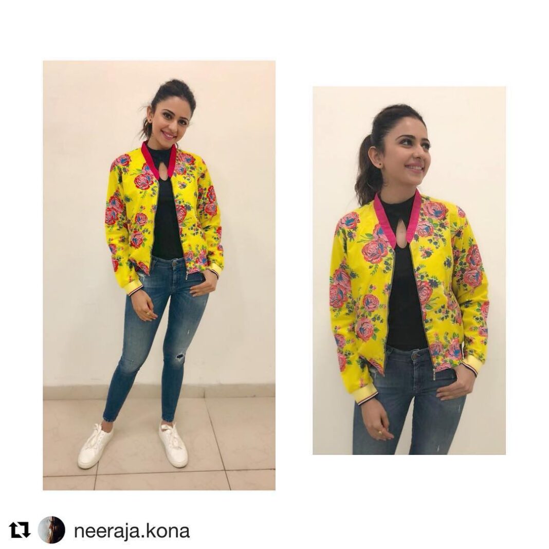 Rakul Preet Singh Instagram - Yellow never disappoints !! Love this floral jacket by @asmitamarwa ❤️ thankuuu for this .. @neeraja.kona @manogna_gollapudi