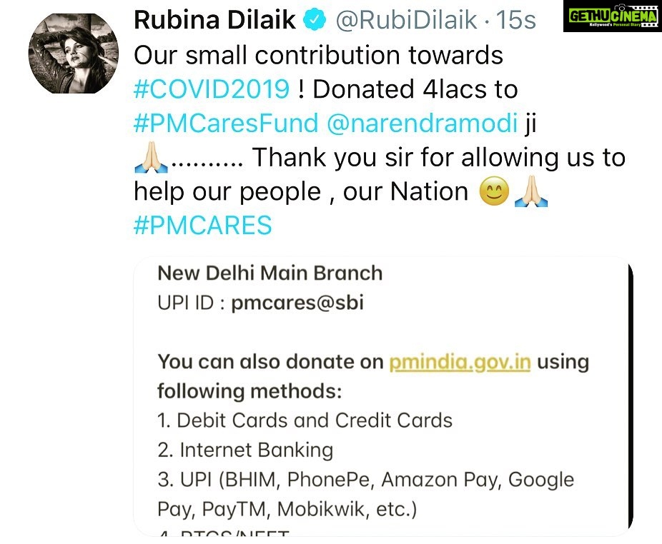 Rubina Dilaik Instagram - In service to the humanity, our contribution 🙏🏼.............. @narendramodi ji 😊🙏🏼 .......... . . . .