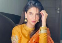 Saba Qamar Zaman Instagram - Eid Mubarak! 💛🧡 👗 @mohsin.naveed.ranjha Lahore, Pakistan