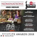 Saba Qamar Zaman Instagram - 🥂 #repost @tseries.official with @get_repost ・・・ A T-Series and @maddockfilmsofficial  production, #HindiMedium bags 5 nominations including Best Film at the #JioFilmfareAwards2018. Congratulations @irrfan @sabaqamarzaman #DeepakDobriyal #SaketChaudhary.😊 @Filmfare @hindimediumfilm