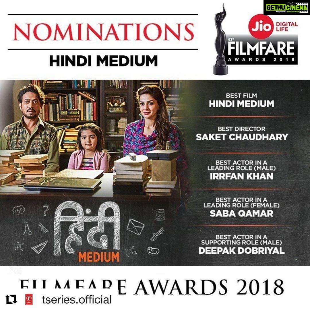 Saba Qamar Zaman Instagram - 🥂 #repost @tseries.official with @get_repost ・・・ A T-Series and @maddockfilmsofficial production, #HindiMedium bags 5 nominations including Best Film at the #JioFilmfareAwards2018. Congratulations @irrfan @sabaqamarzaman #DeepakDobriyal #SaketChaudhary.😊 @Filmfare @hindimediumfilm