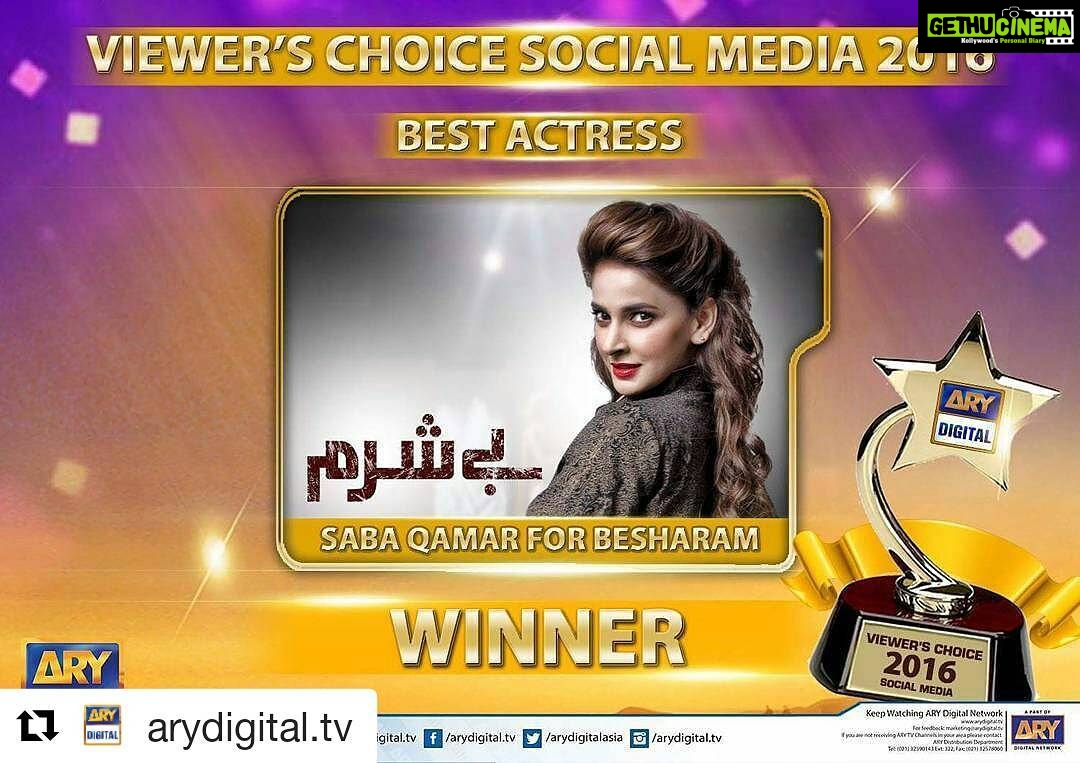 Saba Qamar Zaman Instagram - #Repost @arydigital.tv with @repostapp ・・・ The wait is over <3 Annoucing the Final Results of #Viewer's Choice Award 2016 #socialmedia The Award for Best Actress 2016 goes to @sabaqamarzaman for #besharam The other categories results are Coming Soon...! Stay tune to #arydigital