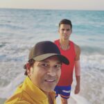 Sachin Tendulkar Instagram - With my SONshine! #beach #sea #fatherson #abudhabi