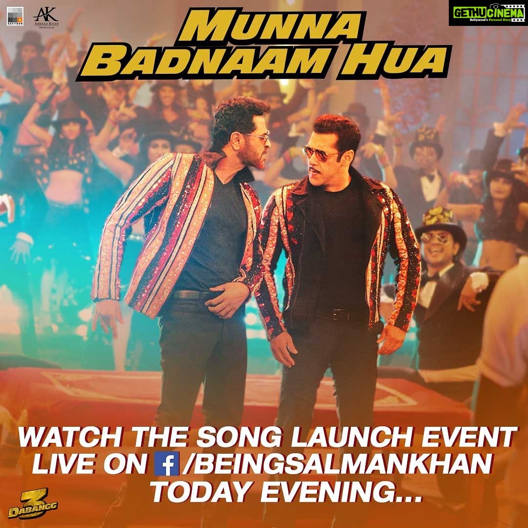 Salman Khan Instagram - Taiyyar ho jao saal ke sabse zabardast event k liye, live! Aate hain... #MunnaBadnaamHuaOutToday @arbaazkhanofficial @aslisona @saieemmanjrekar @warinahussain @prabhudevaofficial @kichchasudeepa @nikhildwivedi25 @thesajidwajid @badboyshah @imkamaalkhan @mamtamuzik @danishsabri12 @vaibhavi.merchant @skfilmsofficial @saffron_bm @tseries.official @setwetstyling