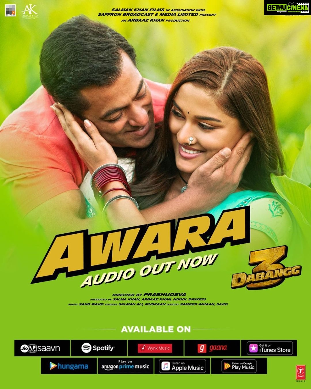 Salman Khan Instagram - Pehle ishq ki baat hi kuch aur hoti hai. Suno Dabangg 3 ka naya gaana, 'Awara'. #AwaraSong (Link in bio) @arbaazkhanofficial @aslisona @saieemmanjrekar @prabhudheva @kichchasudeepa @nikhildwivedi25 @thesajidwajid @officialsalman.ali @singer.muskaan @skfilmsofficial @saffron_bm @tseries.official
