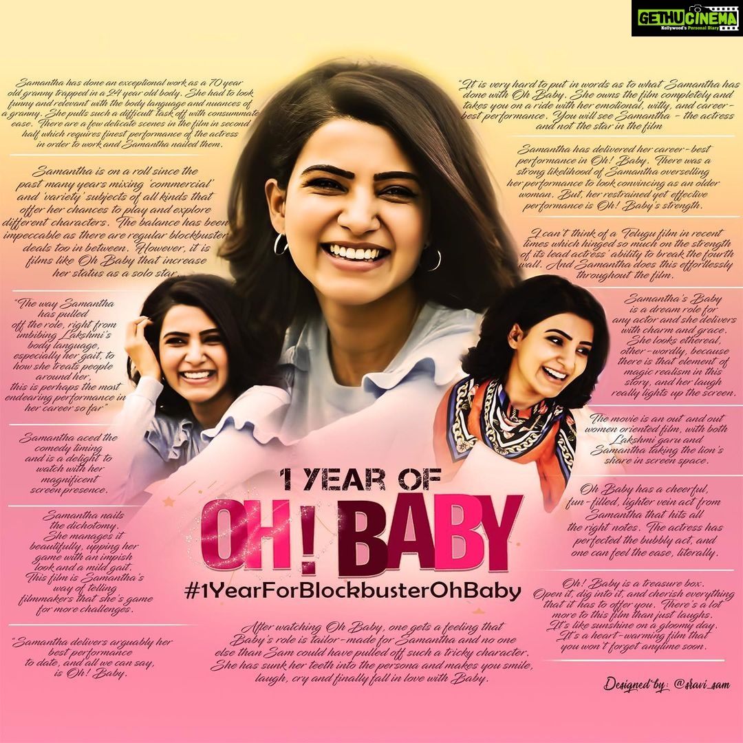Samantha Instagram - Today last year I was a nervous mess ... so I am going to be enjoying today like I should have July 5th 2019... sorry @nandureddyy that I kept sending you all the negative things people were saying about the movie πππ I am crazy like that .. I am glad you unfriended me that day .. and friended me back again the next day β₯οΈ π... #ohbaby is all heart and is the most proud I will be of a film .. Thankyou @nandureddyy @sureshproductions @gurufilms1 @rip_aparte @actorshaurya @peoplemediafactory π Thankyou for making this film happen β€οΈ